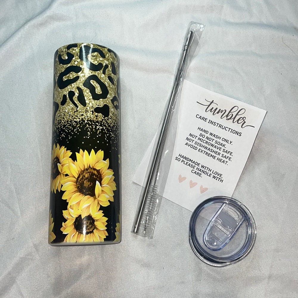 Sunflower leopard print 20 oz skinny sublimation tumbler cup with straw and lid
